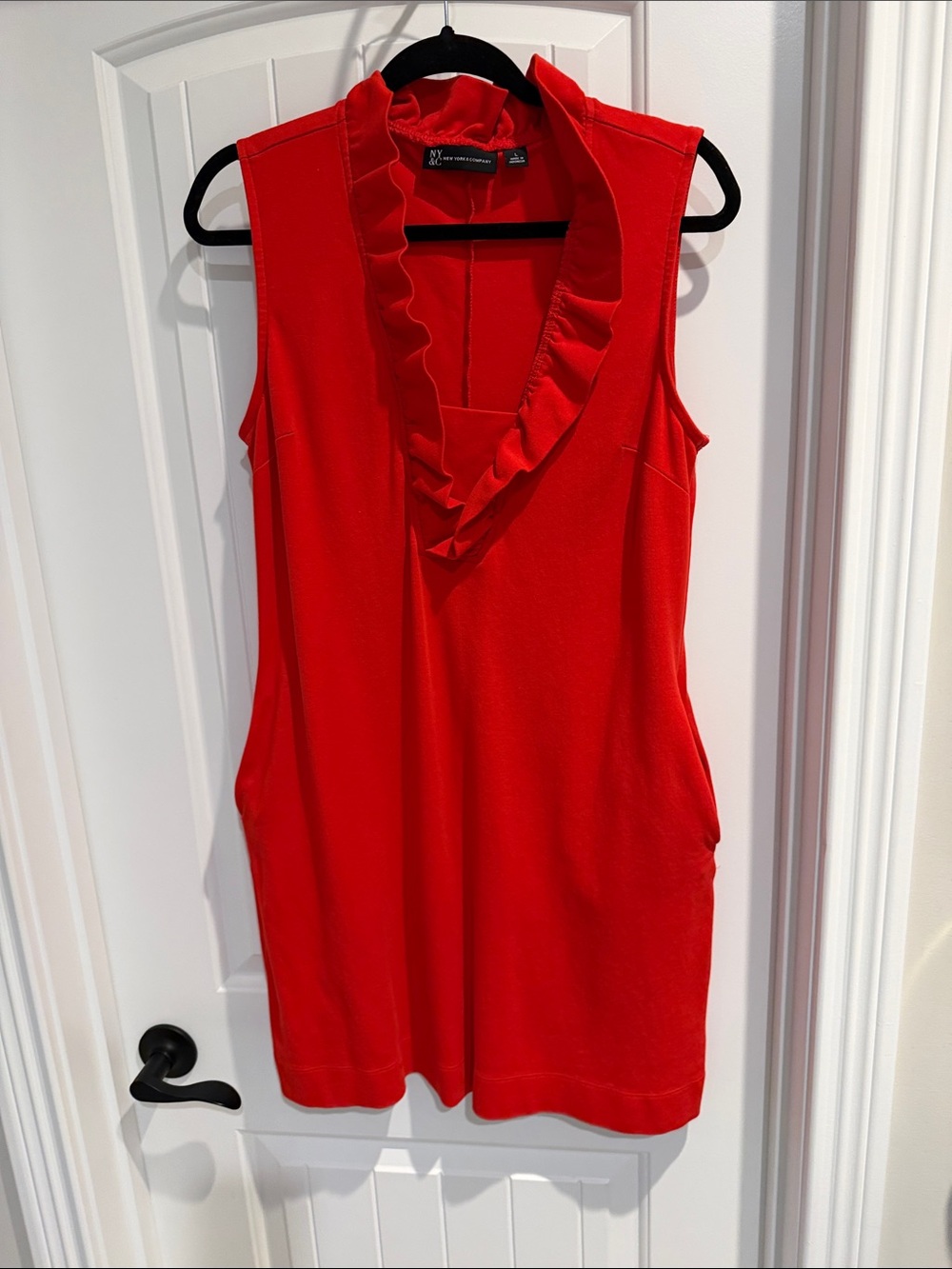 New York & Company Sleeveless Ruffle V-Neck Red Tunic
